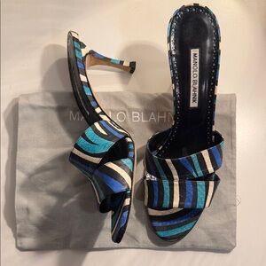 Manolo Blahnik Blue and Black Striped Heels